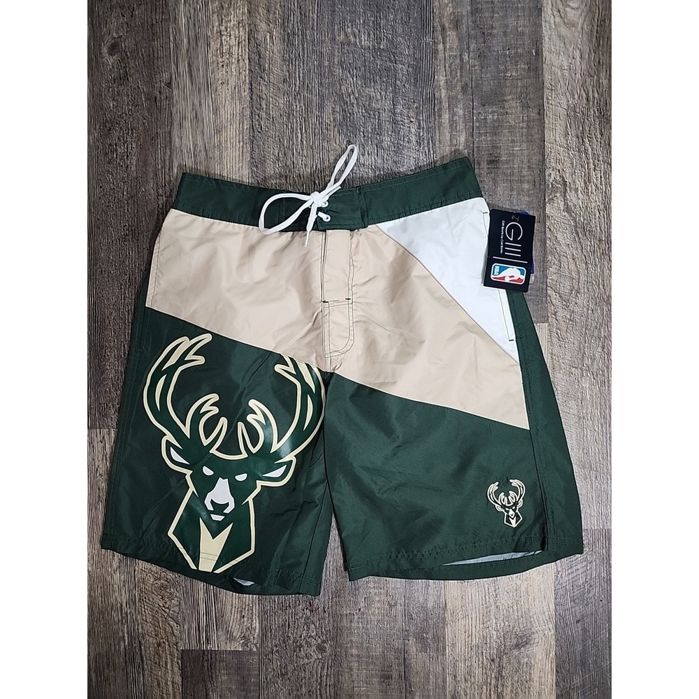 GIII By Carl Banks Milwaukee Bucks NBA Hunter Green Sea Wind Swim Trunks Men's L